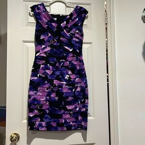 London Times Layered Ruffle Floral Watercolor Cocktail Dress in Purple Size 8P